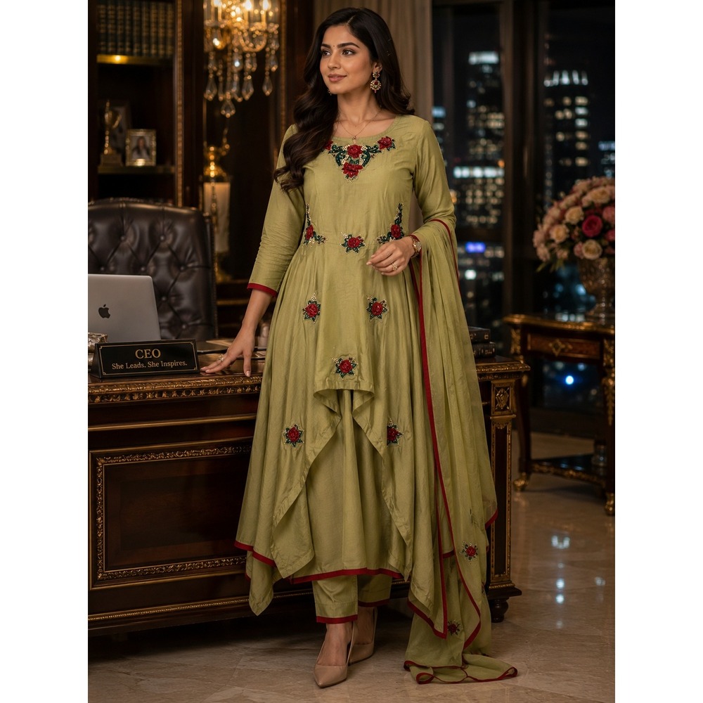 South Asian Kameez Anarkali Kurti Set Womens XL Olive Green Excellent